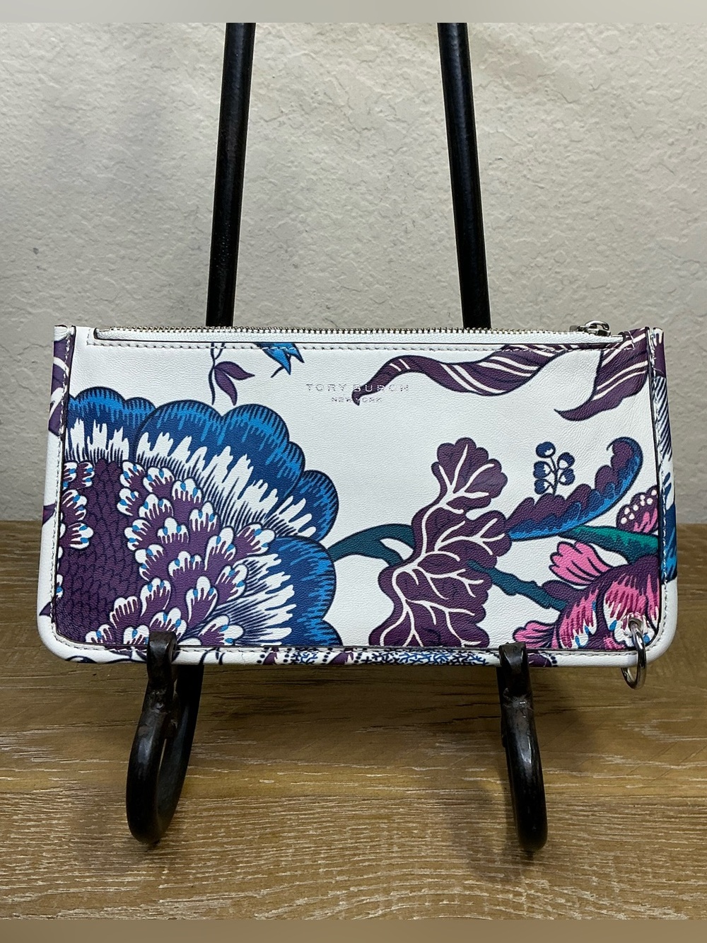 Tory Burch Rory White Floral Pouch with Blue and Purple Accents